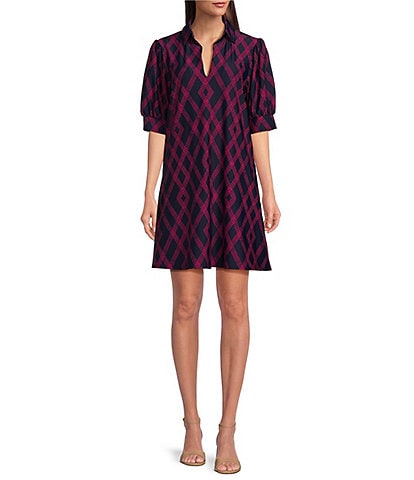 Jude Connally Emerson Diamond Lattice Navy Print Jude Cloth Knit Point Collar Puffed Sleeve Shift Dress