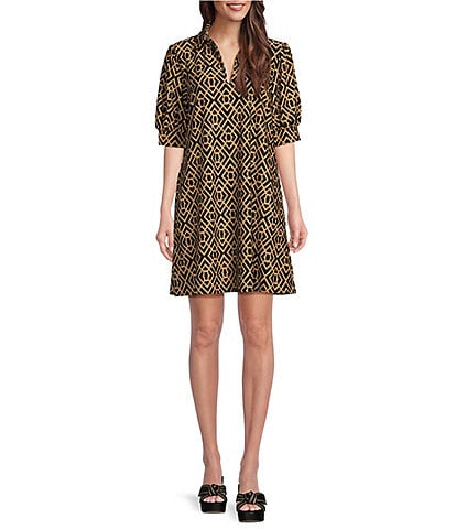 Jude Connally Emerson Garden Lattice Print Jude Cloth Knit Point Collar Puffed Sleeve Shift Dress