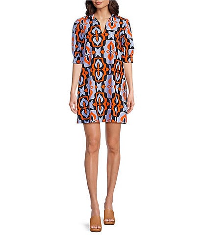 Jude Connally Emerson Jude Cloth Knit Butterfly Tile Navy Print Point Collar Puffed Sleeve Shift Dress