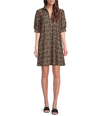 Jude Connally Emerson Jude Cloth Knit Garden Lattice Navy Print Point Collar Puffed Sleeve Shift Dress