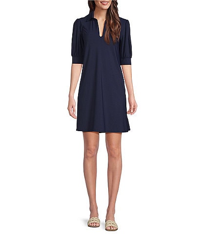 Jude Connally Emerson Jude Cloth Knit Point Collar Puffed Sleeve Shift Dress