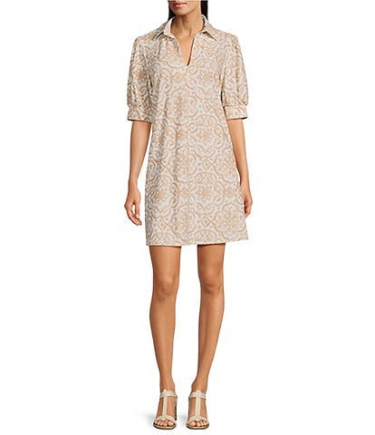 Jude Connally Emerson Painted Tile Sand Print Jude Cloth Knit Point Collar Puffed Sleeve Shift Dress