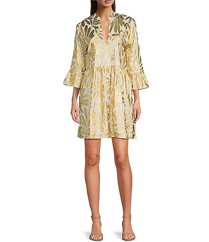 Jude Connally Faith Ornament Leaf Gold Print Cotton Voile Banded Collar 3/4 Bell Sleeve A-Line Dress