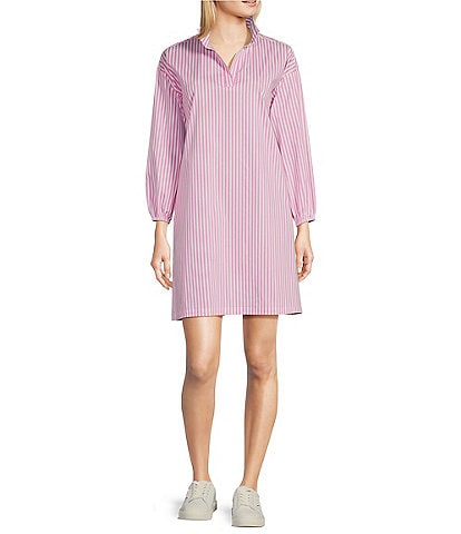 Jude Connally Florence Stretch Cotton Blend Striped Split V-Neck Long Sleeve Shift Dress