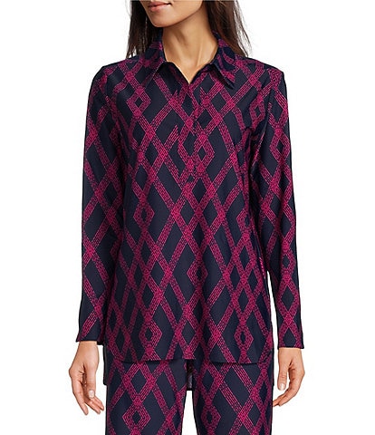 Jude Connally Hadley Bamboo Lattice Print Jude Cloth Knit Point Collar Long Split Roll Cuff Sleeve Coordinating Tunic