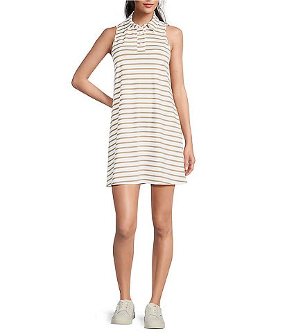 Jude Connally Harlee Jude Cloth Knit Everyday Stripe Sand Print Point Collar Sleeveless Button-Front Dress