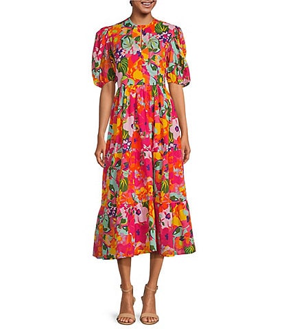 Jude Connally Jordana Cotton Grand Garden Spring Print Split V-Neck Elbow Length Sleeve Midi Dress