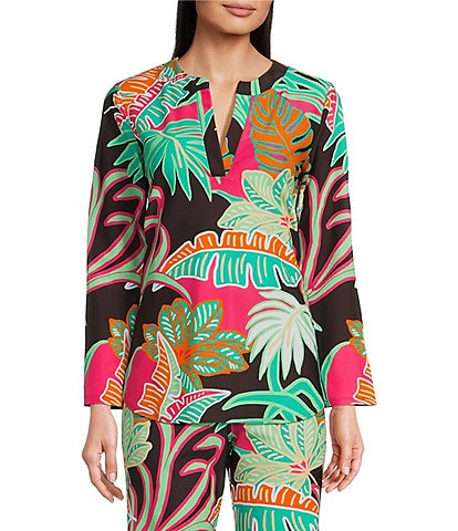 Jude Connally Josie Jude Cloth Knit Grand Tropical Fronds Cocoa Print Split V-Neck Coordinating Top