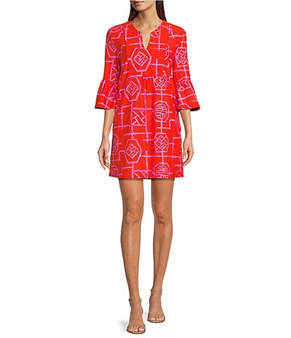 Jude Connally Kerry Bamboo Lattice Pink Apricot Geometric Print Split V-Neck 3/4 Bell Sleeve Knit Dress