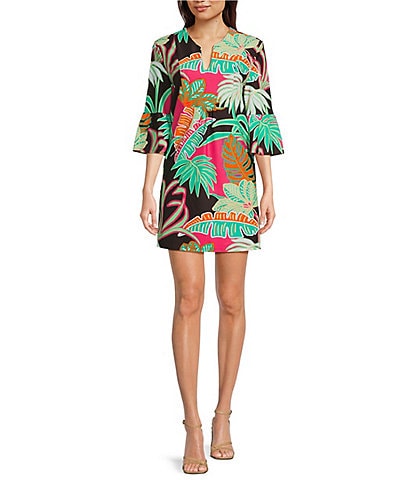 Jude Connally Kerry Grand Tropical Fronds Cocoa Print Split V-Neck 3/4 Bell Sleeve Knit Shift Dress
