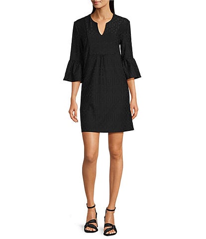 Jude Connally Kerry Jacquard Grand Links Split V-Neck 3/4 Sleeve Shift Dress