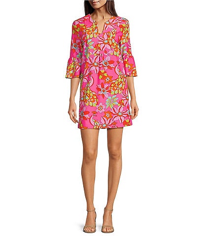 Jude Connally Kerry Twilight Peacock Spring Pink Print Split V-Neck 3/4 Bell Sleeve Knit Shift Dress
