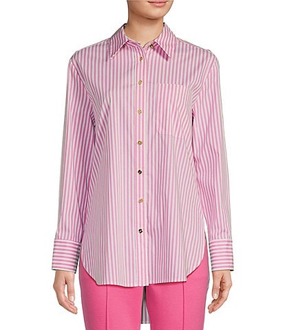 Jude Connally Kimber Cotton Stripe Point Collar Curved High-Low Long Sleeve Button-Front Shirt