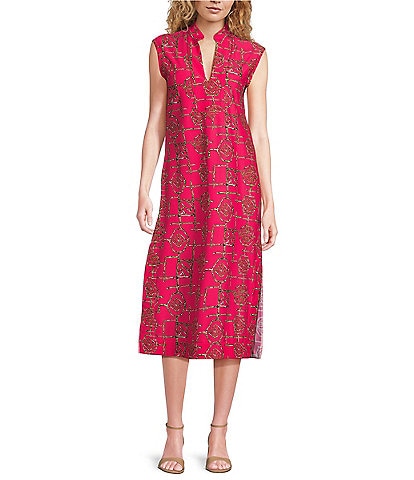 Jude Connally Kristen Knit Decorative Bamboo Hibiscus Print Split V-Neck Sleeveless A-Line Midi Dress