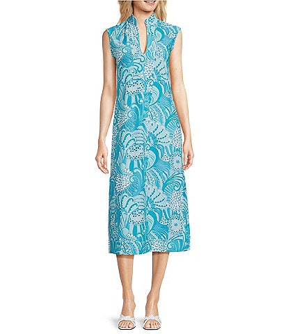 Jude Connally Kristen Knit Enchanted Sea Aqua Print Split V-Neck Sleeveless A-Line Midi Dress
