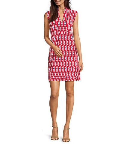 Jude Connally Kristen Sailors Knot Print Jude Cloth Stretch Knit Mandarin Collar Sleeveless Dress