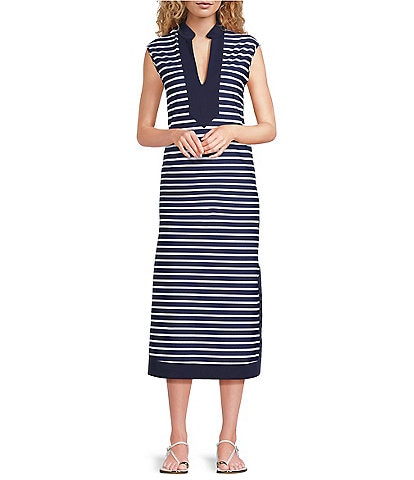 Jude Connally Kristen Striped Print Jude Cloth Stretch Knit Wrinkle-Free Split V-Neck Sleeveless A-Line Midi Dress