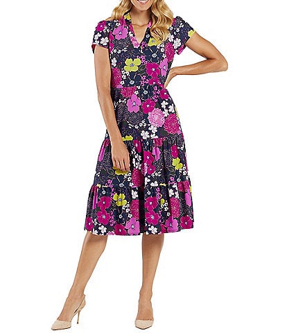 Jude Connally Libby Autumn Blooms Jude Cloth Stretch Knit V-Neck Short Puff Sleeve A-Line Tiered Dress