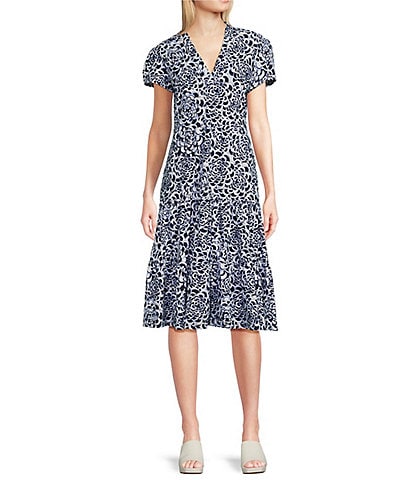 Jude Connally Libby Blooms Navy Print Jude Cloth Knit V-Neck Short Puff Sleeve A-Line Tiered Midi Dress