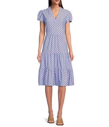Jude Connally Libby Circle Geo Bluebell Print Jude Cloth Knit V-Neck Short Puff Sleeve A-Line Tiered Midi Dress