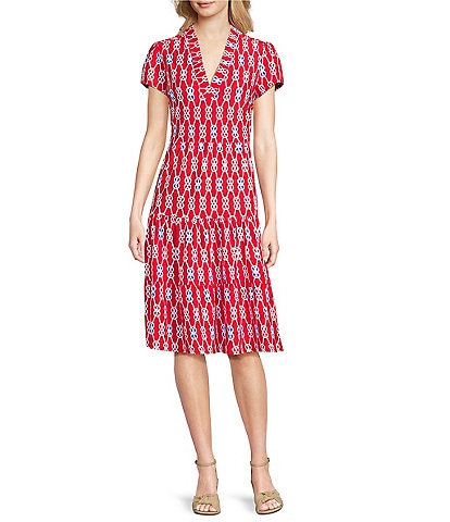Jude Connally Libby Everyday Sailors Knot Print Jude Cloth Stretch Knit V-Neck Short Puff Sleeve A-Line Tiered Midi Dress