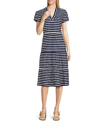 Jude Connally Libby Everyday Stripe Print Jude Cloth Stretch Knit V-Neck Short Puff Sleeve A-Line Tiered Dress