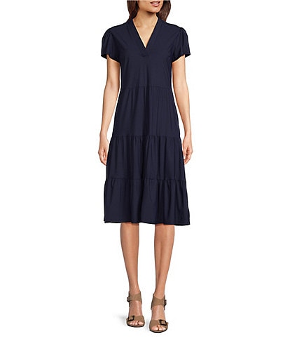 Jude Connally Libby Solid Jude Cloth Knit V-Neck Short Puffed Sleeve A-Line Tiered Midi Dress
