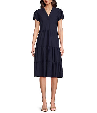 Jude Connally Libby Solid Jude Cloth Knit V-Neck Short Puffed Sleeve A-Line Tiered Midi Dress
