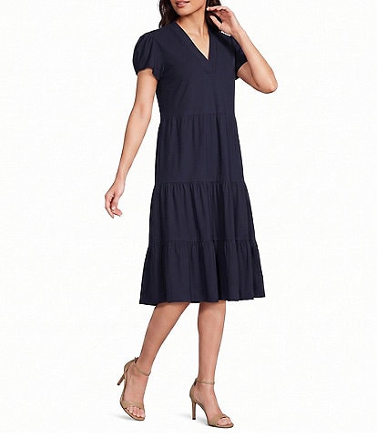 Jude Connally Libby Solid Jude Cloth Knit V-Neck Short Puffed Sleeve A-Line Tiered Midi Dress