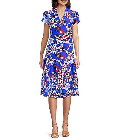 Jude Connally Libby Twirling Peacock Print Jude Cloth Stretch Knit V-Neck Short Puff Sleeve A-Line Tiered Midi Dress