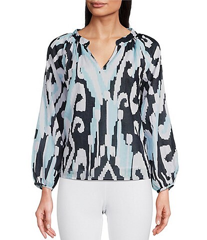 Jude Connally Lilith Cotton Voile Grand Ikat Sky Print Split V-Neck 3/4 Sleeve Top