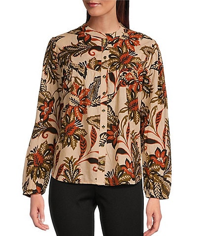 Jude Connally Lorraine Falling Floral Print Cotton Voile Banded Round Neck Long Sleeve Button Front Shirt