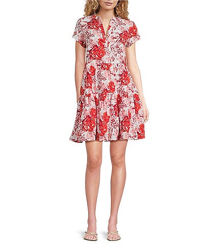 Jude Connally Maddie Floral Bloom Print Split V-Neck Short Sleeve Tiered Dress
