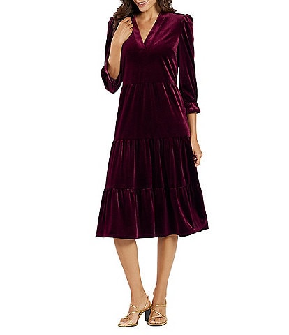 Jude Connally Maggie Velvet Collar V-Neck Long Sleeve Tiered Dress