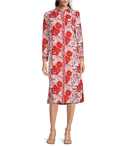 Jude Connally Martha Painted Blooms Print Point Collar Long Sleeve Midi Dress