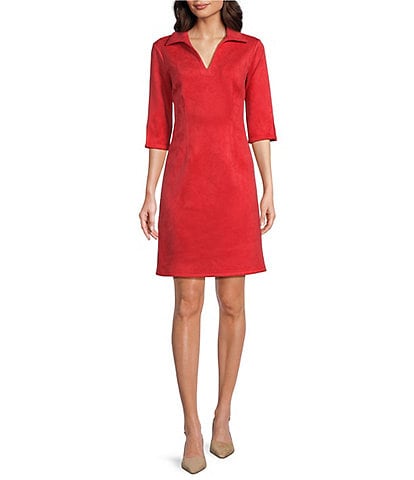 Jude Connally Michelle Faux Suede Split V-Neck Point Collar 3/4 Sleeve Shift Dress