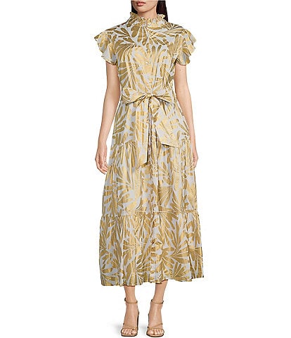 Jude Connally Mirabella Woven Ornamental Leaf Gold Print Split V-Neck Short Flutter Sleeve A-Line Belted Maxi Dress