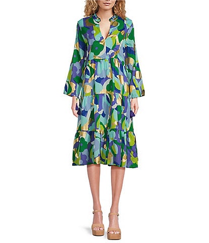 Jude Connally Monaco Cotton Voile Abstract Print V-Neck Ruffle Trim Long Sleeve Midi Dress