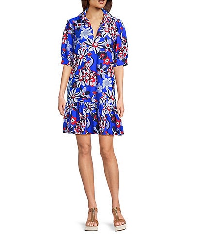 Jude Connally Pagoda Twirling Peacock Print Knit Point Collar V-Neck Short Puff Sleeve Drop Waist Flounce Hem Dress