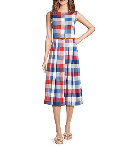 Jude Connally Pauline Montauk Plaid Crew Neck Sleeveless Belted Midi Dress