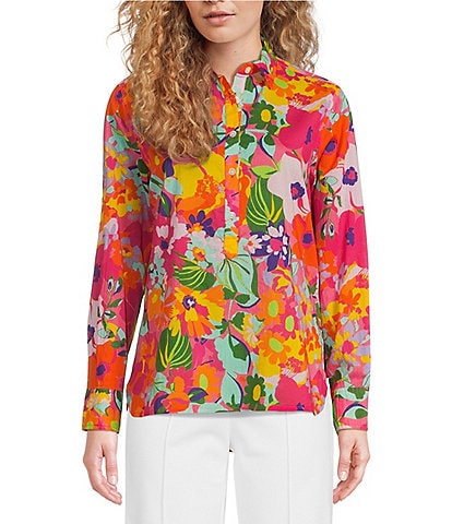 Jude Connally Pru Cotton Voile Grand Garden Spring Pink Print Point Collar Long Sleeve Shirt