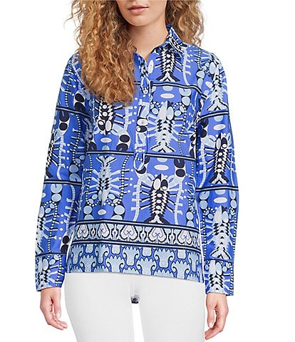 Jude Connally Pru Stretch Poplin Seaside Catch Print Point Collar Long Sleeve Top