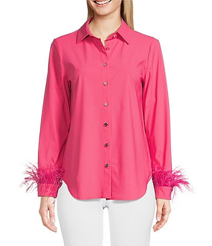 Jude Connally Randi Jude Cloth Knit Point Collar Long Sleeve Feather Trim Cuffs Button-Front Shirt