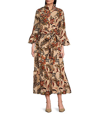 Jude Connally Roxie Cotton Voile Ruffle Mock Neck Long Sleeve Floral Print Belted Midi A-Line Dress