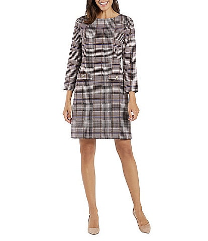 Jude Connally Sabine Printed Jude Cloth Stretch Knit Crew Neck 3/4 Sleeve Tab Button Detailed Shift Dress