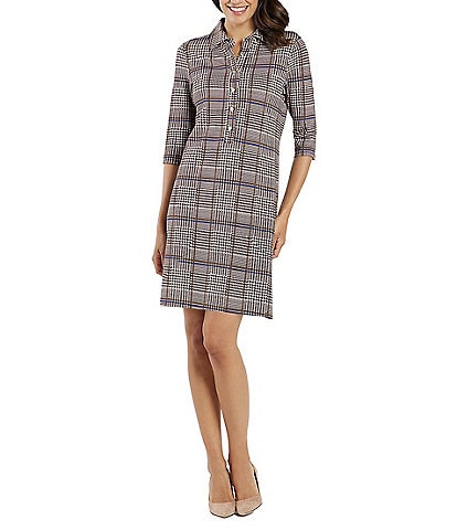 Jude Connally Susanna Glen Plaid Print Point Collar 3/4 Sleeve Polished Classic Shirt Dress