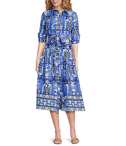 Jude Connally Sutton Seaside Catch Print Point Collar 3/4 Sleeve Tie Waist Midi Dress