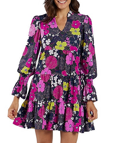 Jude Connally Tammi Autumn Blooms Orchid Floral Jude Cloth Stretch Knit Split V-Neck Ruffle Sleeve Tiered Dress