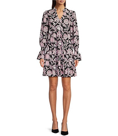 Jude Connally Tammi Lalique Floral Jude Cloth Stretch Knit Split V-Neck Ruffle Sleeve Tiered Dress