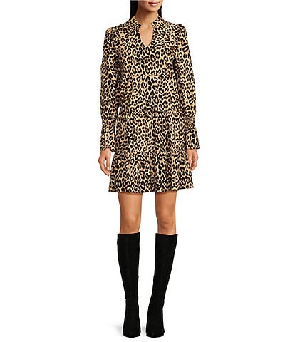 Jude Connally Tammi Lux Leopard Stretch Jude Cloth Knit Split V-Neck Long Sleeve Tiered Dress